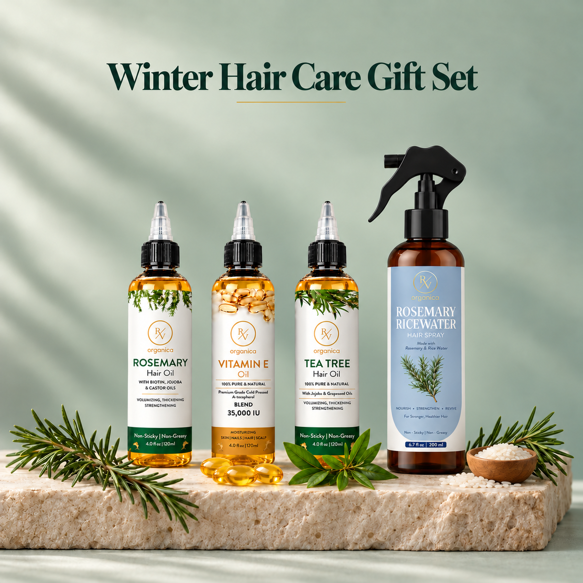 Winter hair care gift set with Rosemary, Vitamin E and Tea Tree hair oils and Rosemary Ricewater spray