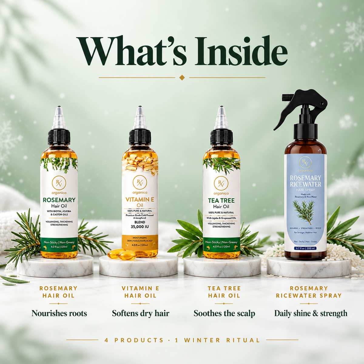 Rosemary Hair Oil, Vitamin E Oil, Tea Tree Hair Oil 120ml and Rosemary Ricewater Hair Spray 200ml