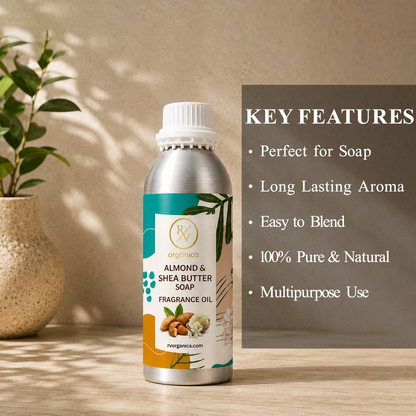 Key features of Almond & Shea Butter Soap Fragrance Oil include a creamy nutty aroma, long-lasting fragrance, ideal for soap and body care products, strong scent retention, premium quality, IFRA compliant, and multipurpose use.