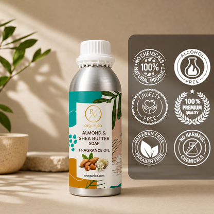 Almond & Shea Butter Soap Fragrance Oil in a premium aluminium bottle with quality icons highlighting long-lasting fragrance, premium quality, IFRA compliant, cruelty-free, Made in India, and multipurpose use.