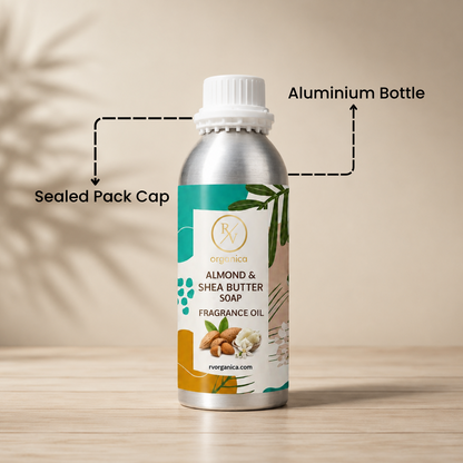 Sealed aluminium bottle of Almond & Shea Butter Soap Fragrance Oil with secure packaging, helping maintain freshness and premium fragrance quality.