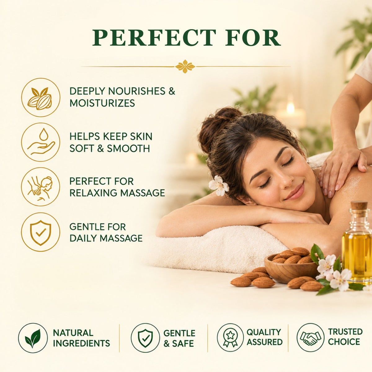 Almond massage oil perfect for relaxing daily massage - deeply nourishes and moisturizes skin