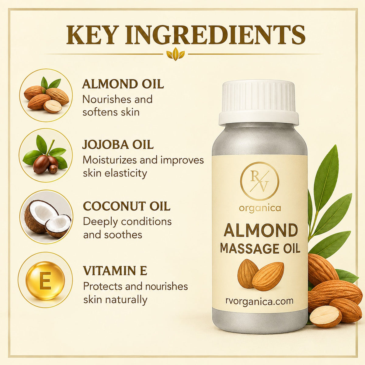 Key ingredients in almond massage oil for skin nourishment and care