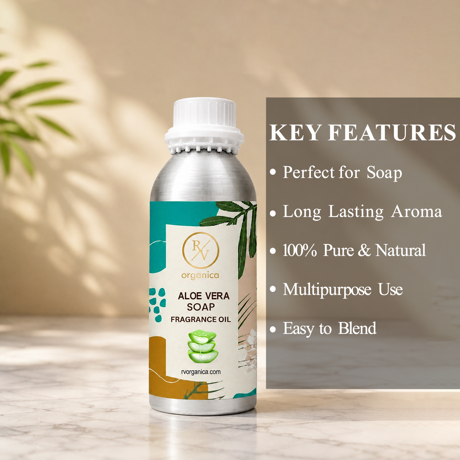 Key features of Aloe Vera Soap Fragrance Oil include fresh green aroma, clean refreshing fragrance, long-lasting scent, ideal for soaps and personal care products, premium quality, IFRA compliant, and multipurpose use.
