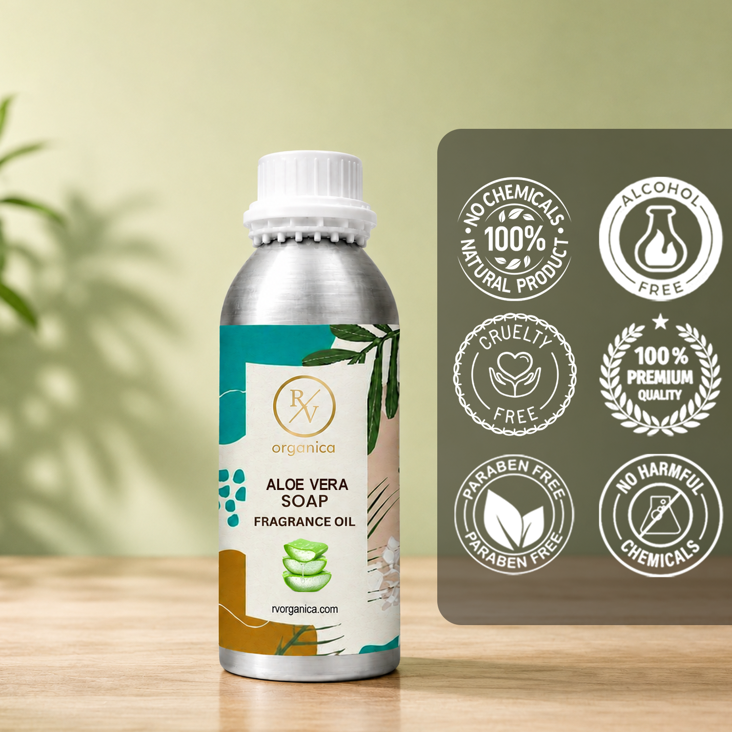 Aloe Vera Soap Fragrance Oil in a premium aluminium bottle with quality icons highlighting long-lasting fragrance, premium quality, IFRA compliant, cruelty-free, Made in India, and multipurpose use.