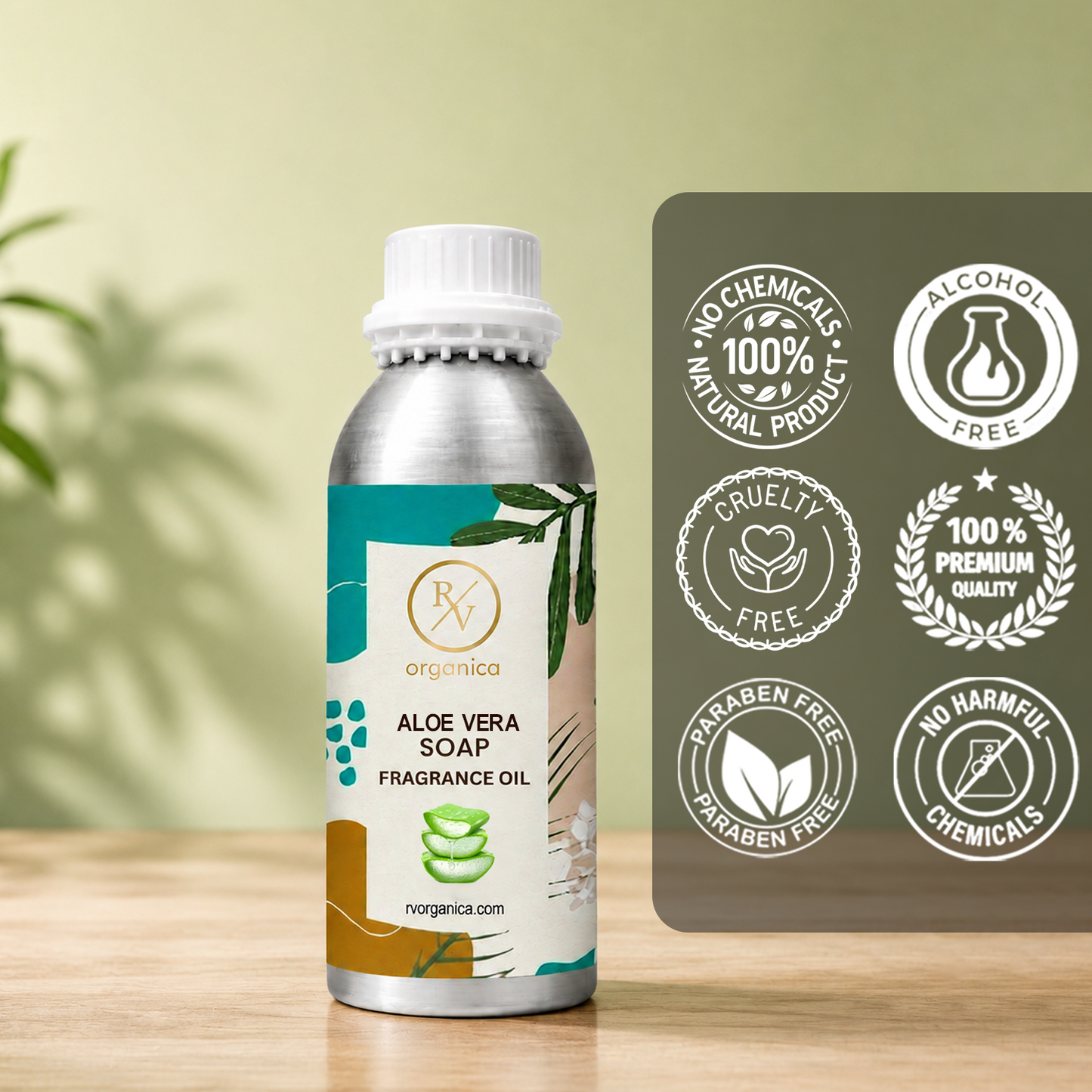 Aloe Vera Soap Fragrance Oil in a premium aluminium bottle with quality icons highlighting long-lasting fragrance, premium quality, IFRA compliant, cruelty-free, Made in India, and multipurpose use.