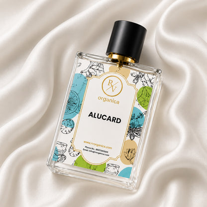 Premium close-up of RV Organica Alucard Inspired Fragrance perfume bottle with elegant glass packaging and luxury design.