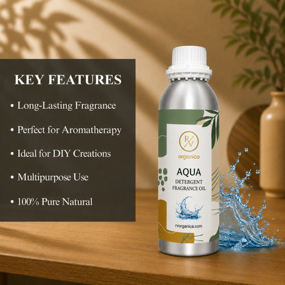 Key features of Aqua Detergent Fragrance Oil include a refreshing aquatic laundry aroma, long-lasting fragrance, excellent scent retention, IFRA compliant, premium quality, and multipurpose use for detergents, fabric conditioners, liquid cleaners, soaps, and home care products.