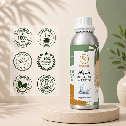 Aqua Detergent Fragrance Oil in a premium aluminium bottle with quality icons highlighting long-lasting fragrance, premium quality, IFRA compliant, cruelty-free, Made in India, and multipurpose fragrance applications.