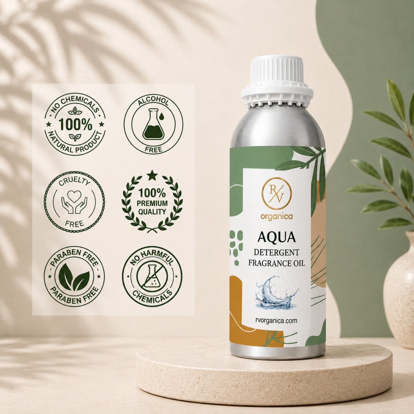 Aqua Detergent Fragrance Oil in a premium aluminium bottle with quality icons highlighting long-lasting fragrance, premium quality, IFRA compliant, cruelty-free, Made in India, and multipurpose fragrance applications.