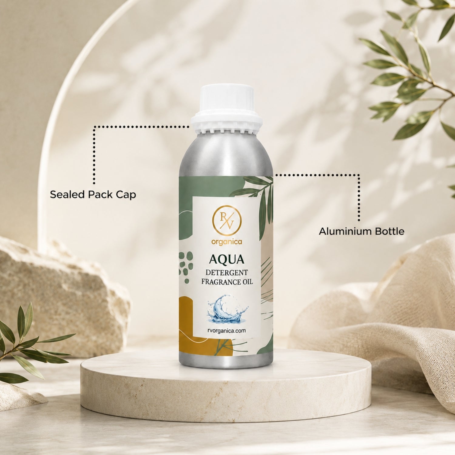 Sealed aluminium bottle of Aqua Detergent Fragrance Oil, ensuring purity, freshness, leak-proof packaging, and premium fragrance quality for bulk and personal use.