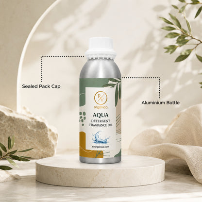 Sealed aluminium bottle of Aqua Detergent Fragrance Oil, ensuring purity, freshness, leak-proof packaging, and premium fragrance quality for bulk and personal use.