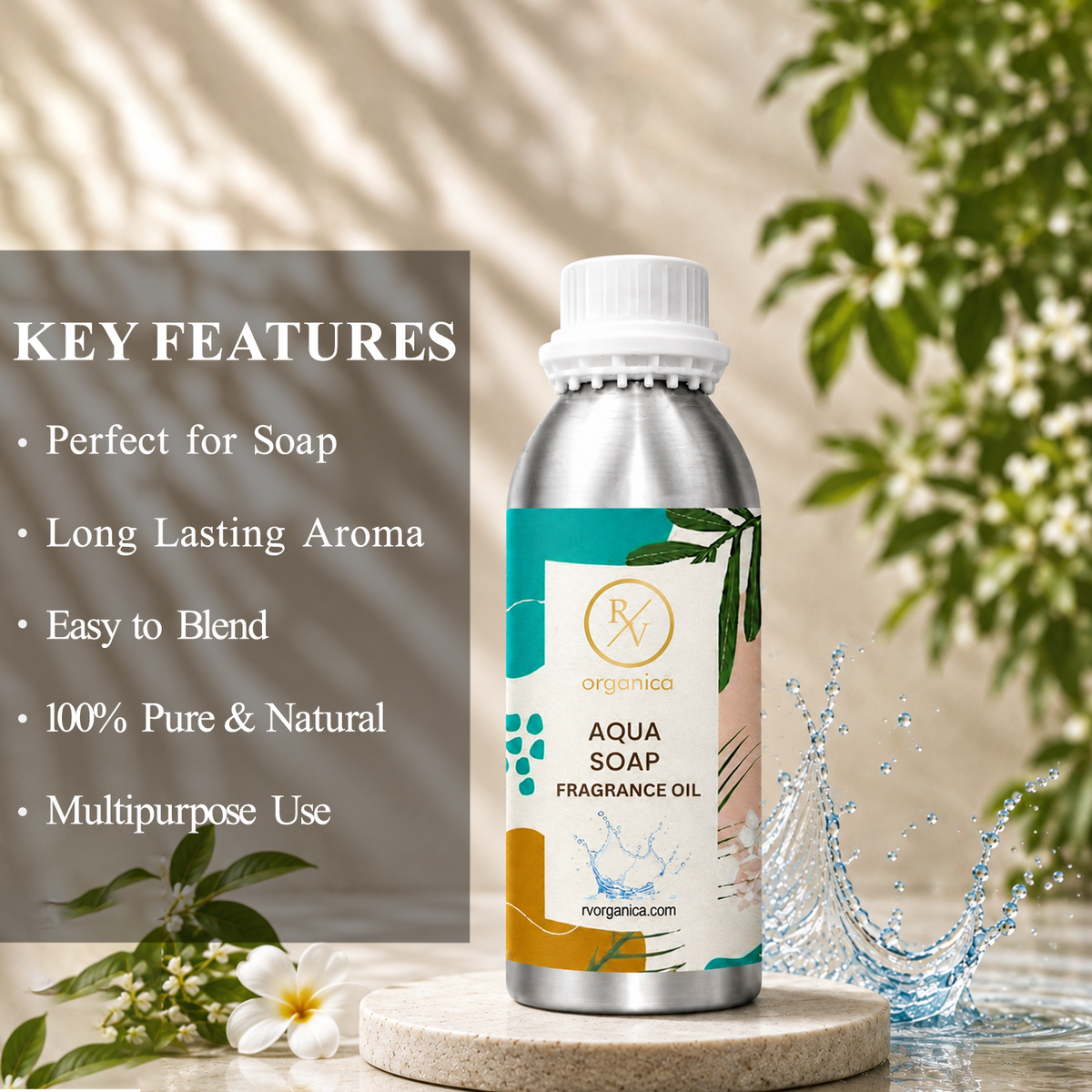Key features of Aqua Soap Fragrance Oil include fresh aquatic aroma, clean refreshing fragrance, long-lasting scent, ideal for soaps and personal care products, premium quality, IFRA compliant, and multipurpose use.