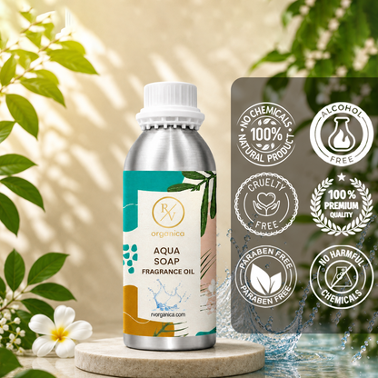 Aqua Soap Fragrance Oil in a premium aluminium bottle with quality icons highlighting long-lasting fragrance, premium quality, IFRA compliant, cruelty-free, Made in India, and multipurpose use.