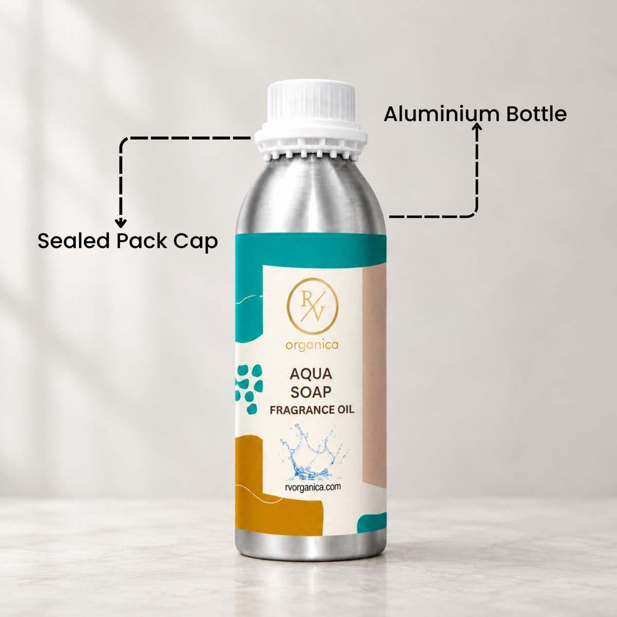 Sealed aluminium bottle of Aqua Soap Fragrance Oil with secure packaging, helping maintain freshness and premium fragrance quality.