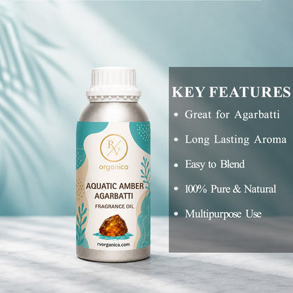 Key features of Aquatic Amber Agarbatti Fragrance Oil include a refreshing aquatic and warm amber incense aroma, long-lasting fragrance, strong scent diffusion, IFRA compliant, premium quality, and multipurpose use for agarbatti, candles, soaps, perfumes, and home fragrance products.