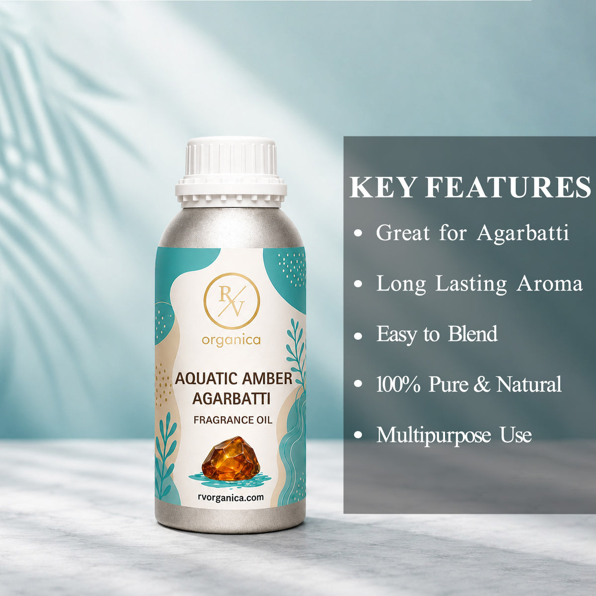 Key features of Aquatic Amber Agarbatti Fragrance Oil include a refreshing aquatic and warm amber incense aroma, long-lasting fragrance, strong scent diffusion, IFRA compliant, premium quality, and multipurpose use for agarbatti, candles, soaps, perfumes, and home fragrance products.