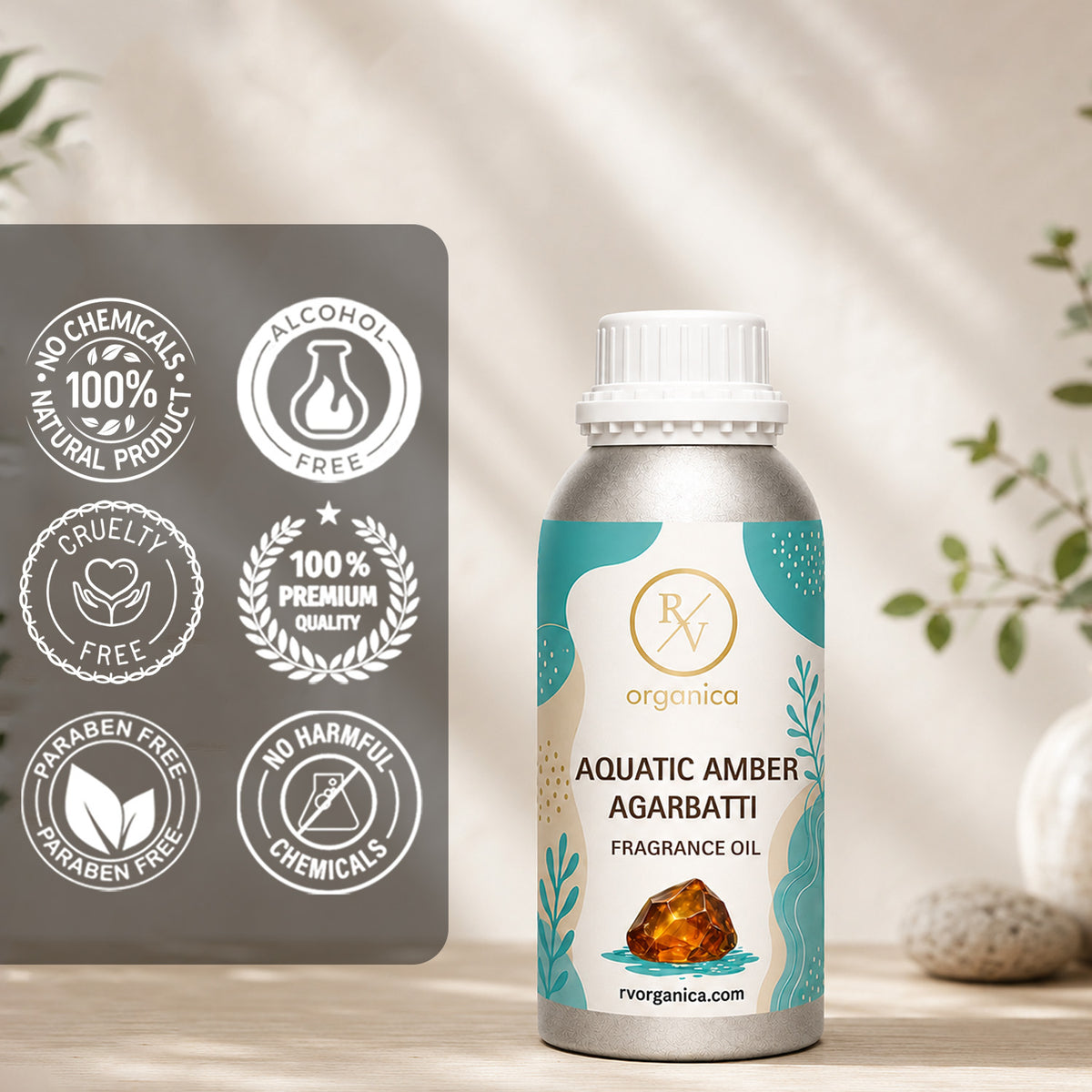 Aquatic Amber Agarbatti Fragrance Oil in a premium aluminium bottle with quality icons highlighting long-lasting aroma, premium quality, IFRA compliant, cruelty-free, and multipurpose fragrance applications.