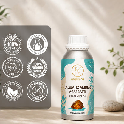 Aquatic Amber Agarbatti Fragrance Oil in a premium aluminium bottle with quality icons highlighting long-lasting aroma, premium quality, IFRA compliant, cruelty-free, and multipurpose fragrance applications.