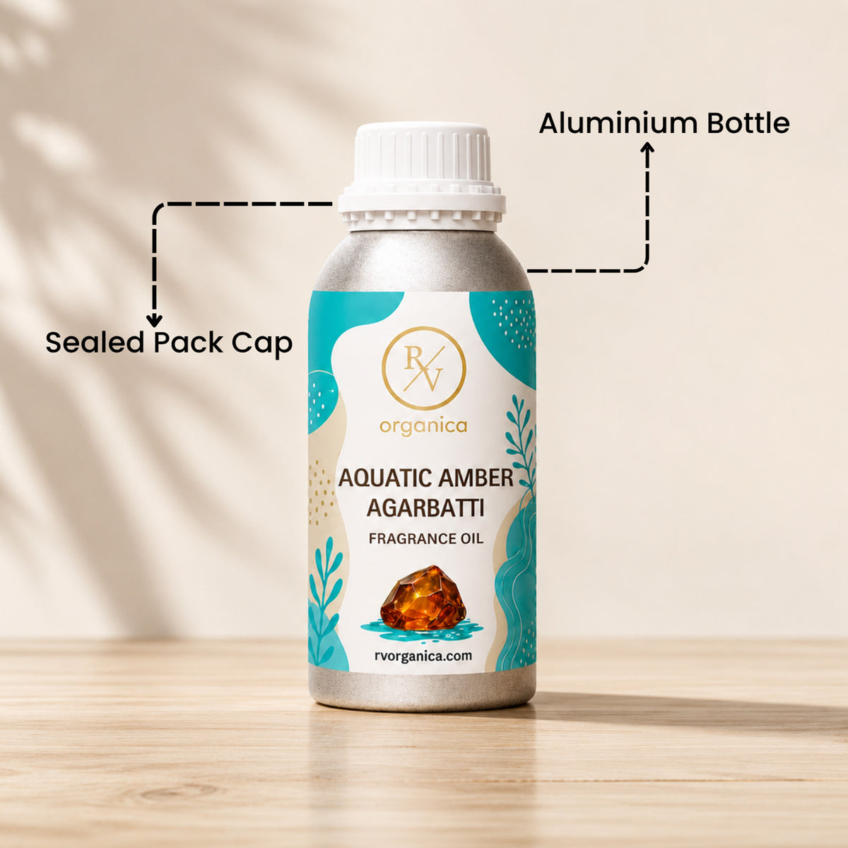 Sealed aluminium bottle of Aquatic Amber Agarbatti Fragrance Oil, ensuring purity, freshness, leak-proof packaging, and premium fragrance quality for bulk and personal use.