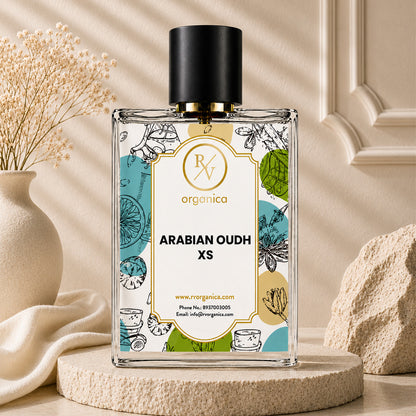 Luxury lifestyle image of RV Organica Arabian Oudh XS Inspired Fragrance perfume displayed in an elegant premium setting.