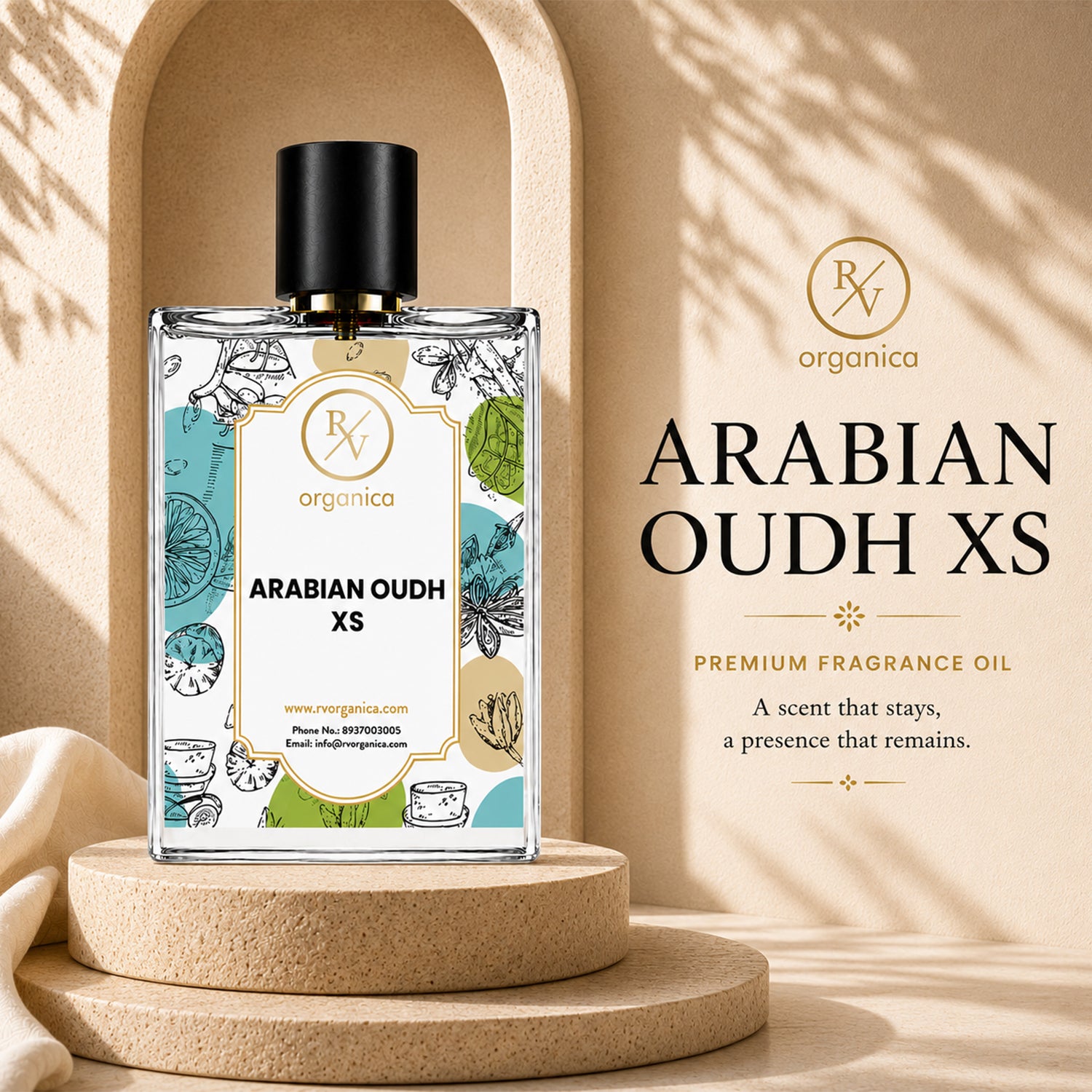 RV Organica Arabian Oudh XS Inspired Fragrance premium perfume bottle with elegant packaging and a long-lasting luxury oud fragrance.