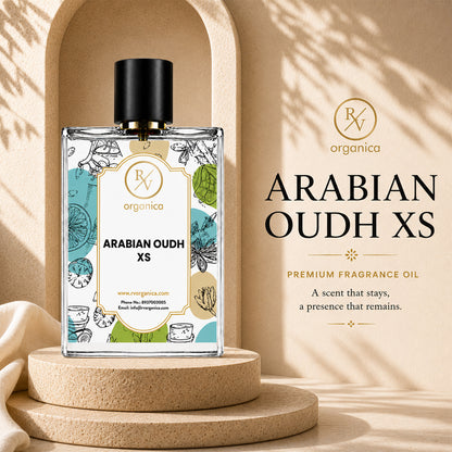 RV Organica Arabian Oudh XS Inspired Fragrance premium perfume bottle with elegant packaging and a long-lasting luxury oud fragrance.