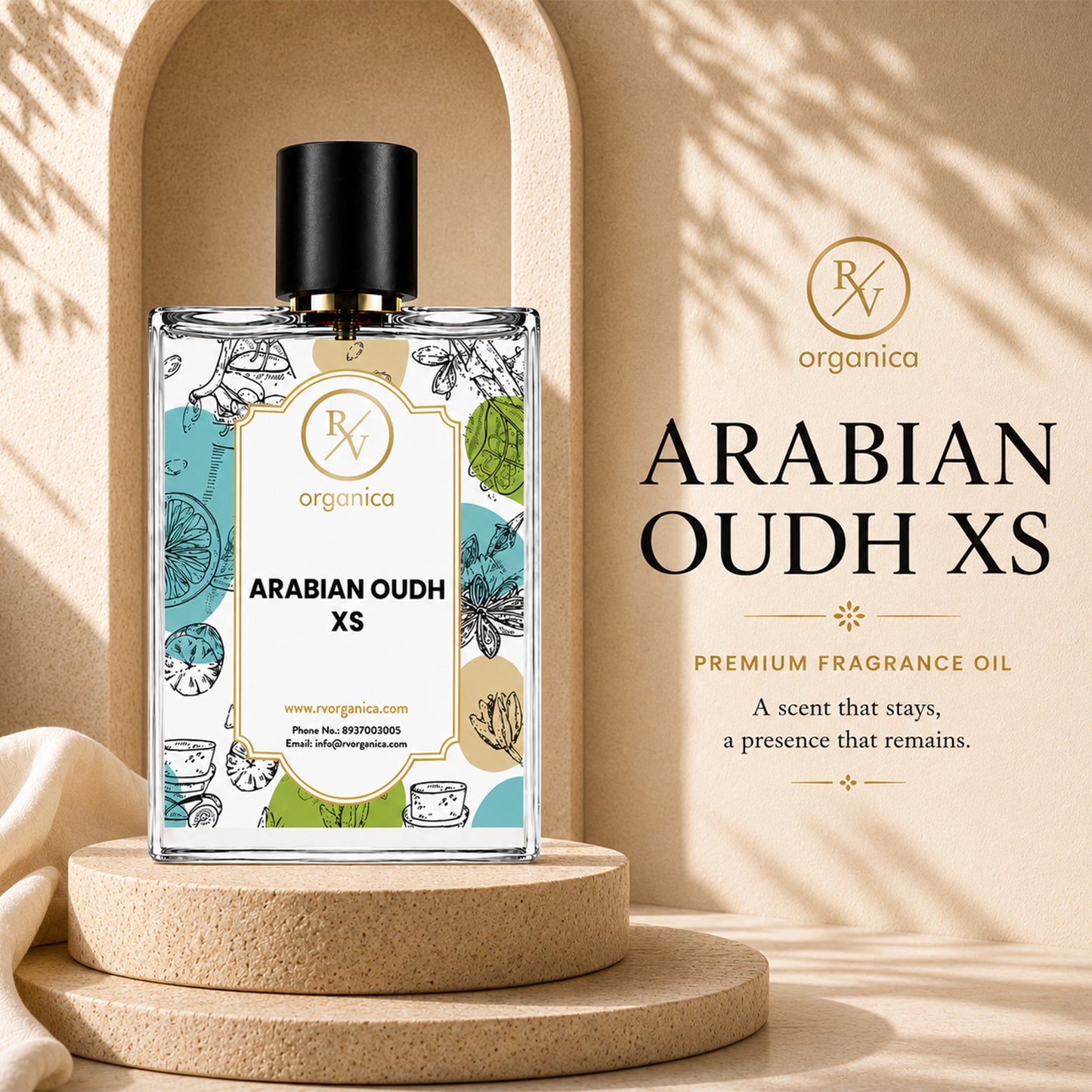 RV Organica Arabian Oudh XS Inspired Fragrance premium perfume bottle with elegant packaging and a long-lasting luxury oud fragrance.