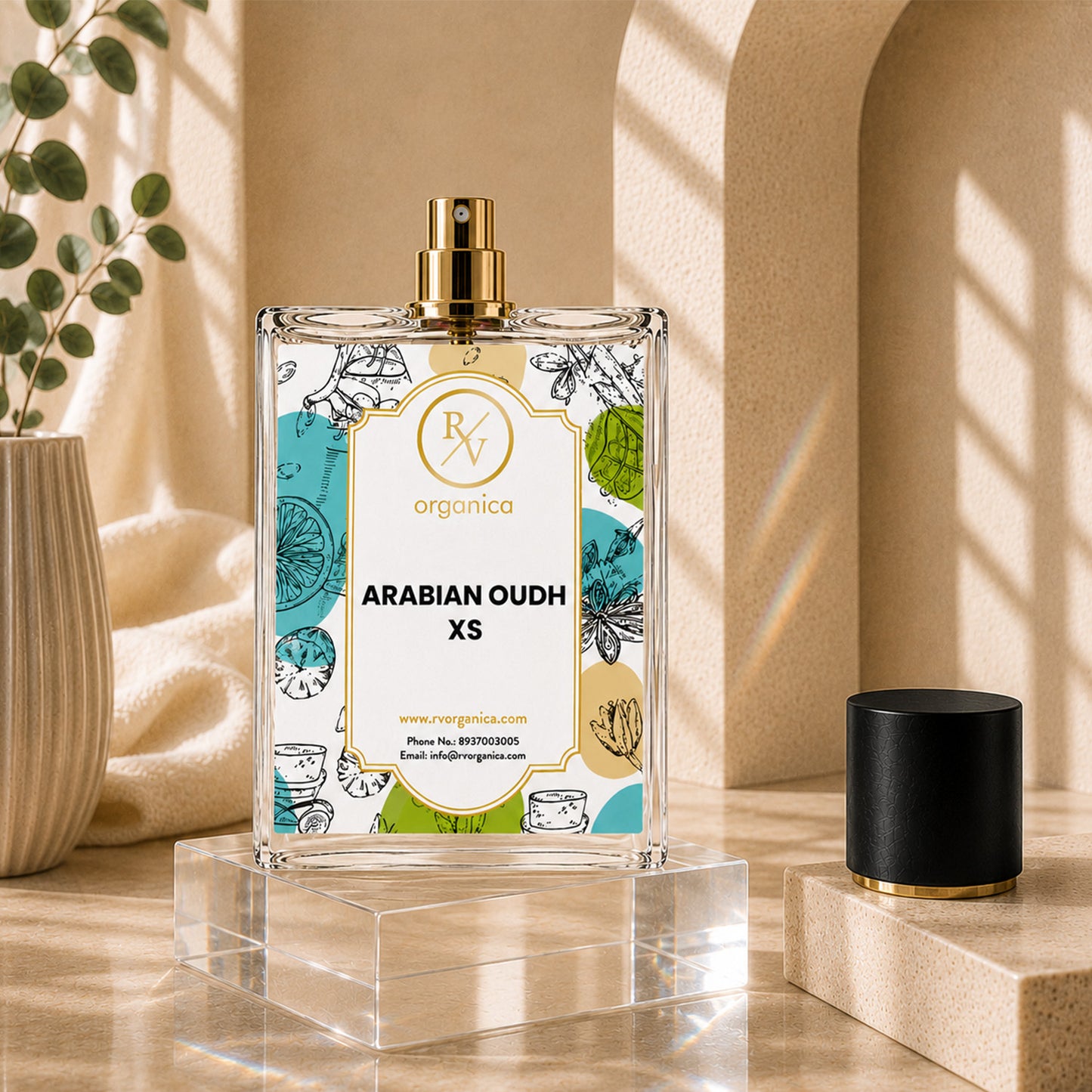 Arabian Oudh XS Inspired Fragrance by RV Organica premium perfume bottle with luxury glass design and removable cap.