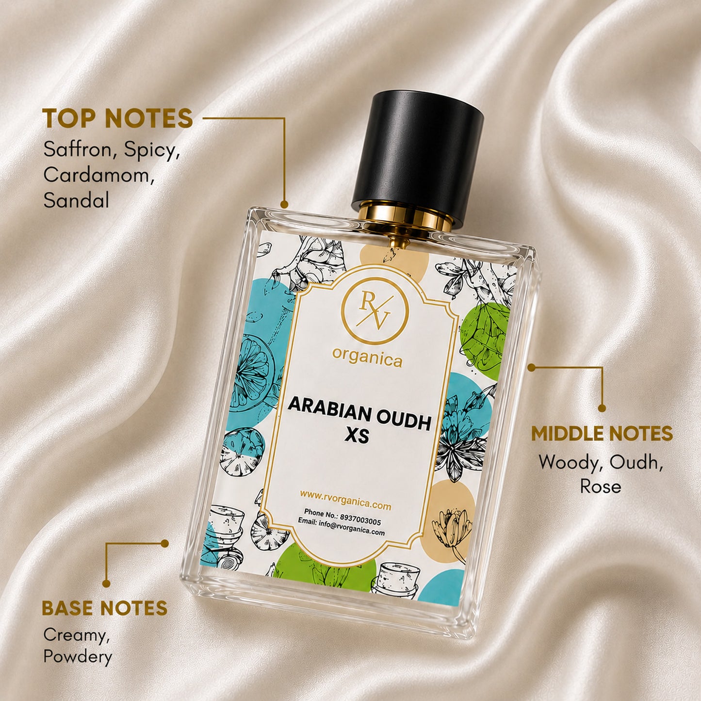 RV Organica Arabian Oudh XS Inspired Fragrance featuring top notes of Saffron, Spicy Cardamom and Sandalwood, middle notes of Woody Oudh and Rose, with creamy powdery base notes for a rich, long-lasting luxury fragrance.
