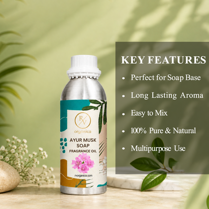 Key features of Ayur Musk Soap Fragrance Oil include warm musk aroma, long-lasting fragrance, ideal for soaps and personal care products, strong scent retention, premium quality, IFRA compliant, and multipurpose use.