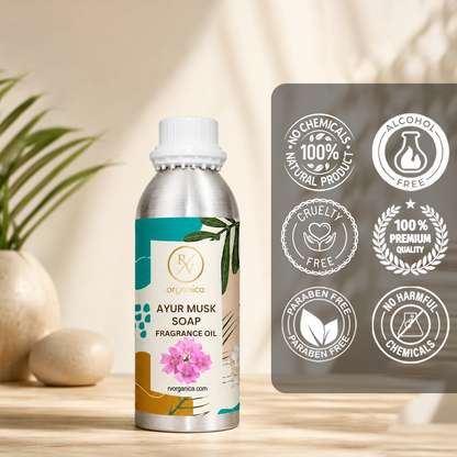 Ayur Musk Soap Fragrance Oil in a premium aluminium bottle with quality icons highlighting long-lasting fragrance, premium quality, IFRA compliant, cruelty-free, Made in India, and multipurpose use.