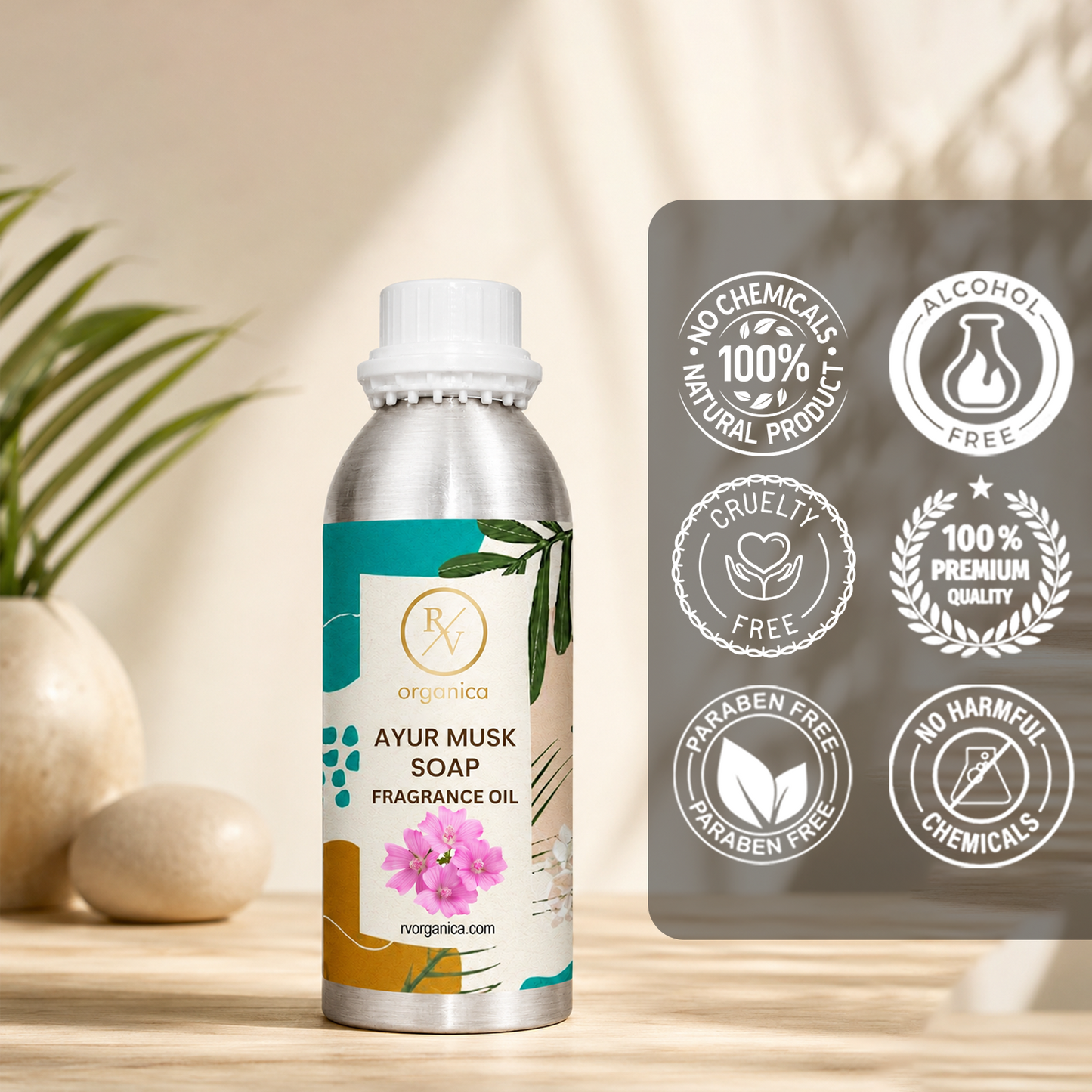 Ayur Musk Soap Fragrance Oil in a premium aluminium bottle with quality icons highlighting long-lasting fragrance, premium quality, IFRA compliant, cruelty-free, Made in India, and multipurpose use.