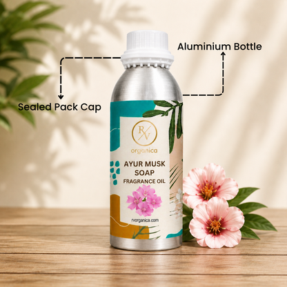 Sealed aluminium bottle of Ayur Musk Soap Fragrance Oil with secure packaging, helping maintain freshness and premium fragrance quality.