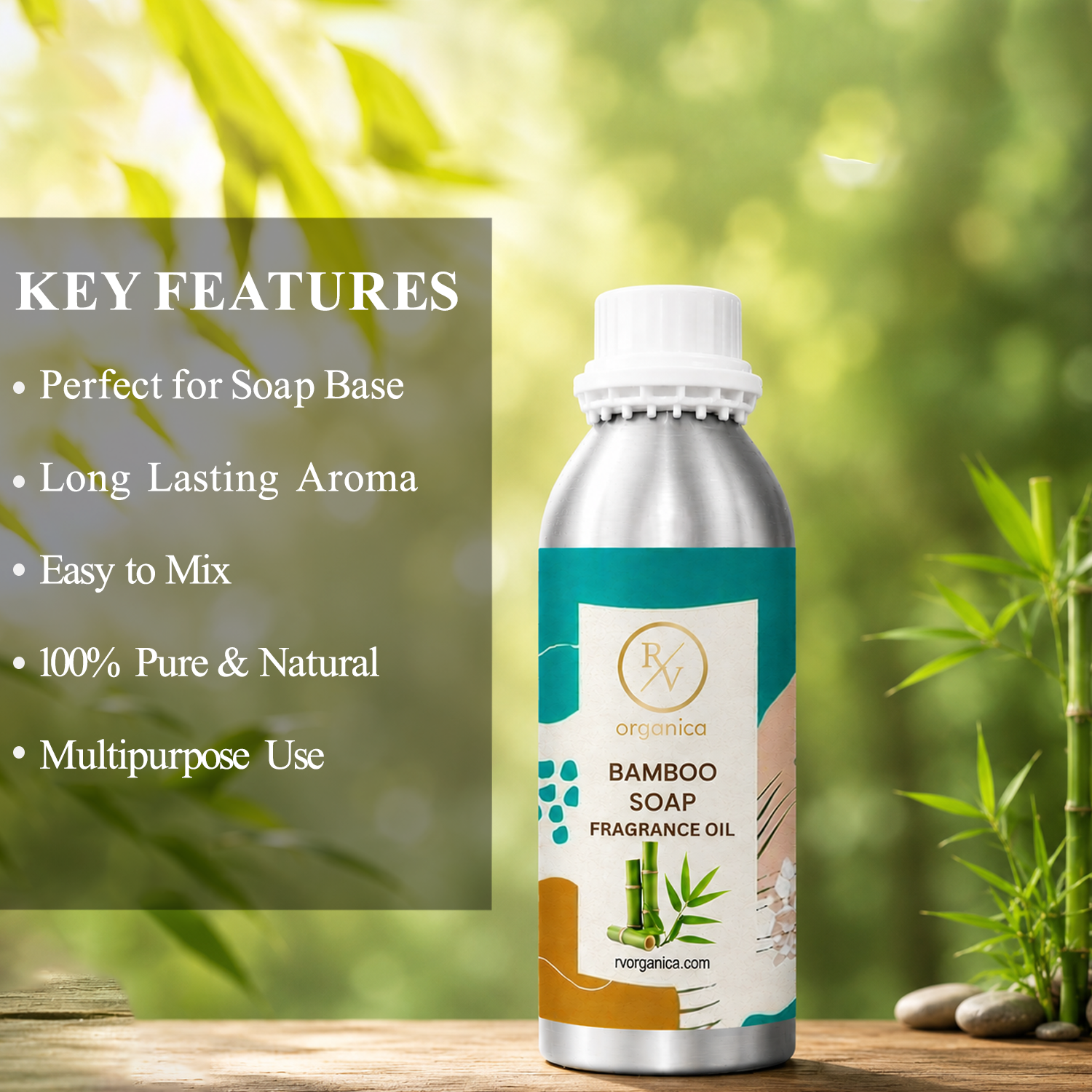 Key features of Bamboo Soap Fragrance Oil include fresh green bamboo aroma, clean refreshing fragrance, long-lasting scent, ideal for soaps and personal care products, premium quality, IFRA compliant, and multipurpose use.