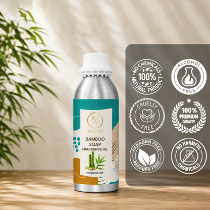 Bamboo Soap Fragrance Oil in a premium aluminium bottle with quality icons highlighting long-lasting fragrance, premium quality, IFRA compliant, cruelty-free, Made in India, and multipurpose use.