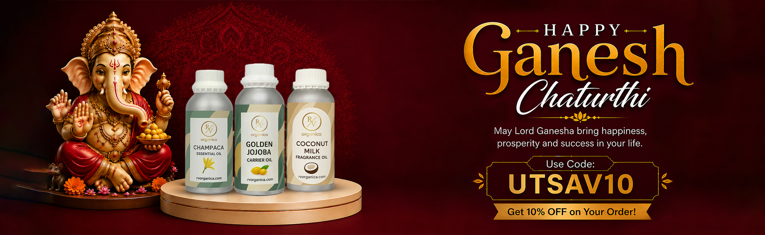 Ganesh Chaturthi sale banner – 10% off essential oils, carrier oils & fragrance oils with code UTSAV10 | RV Organica