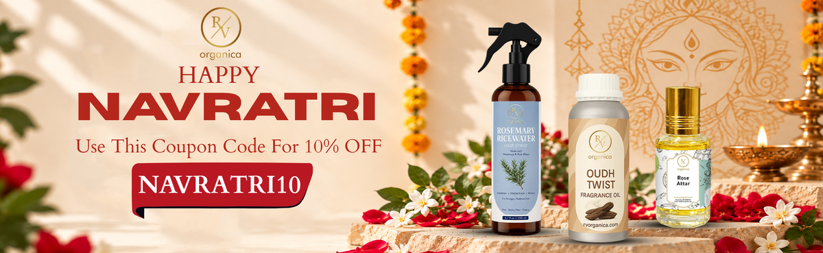 RV Organica Happy Navratri offer - use coupon code NAVRATRI10 for 10% off on Rosemary Rice Water hair spray, Oudh Twist fragrance oil and Rose Attar