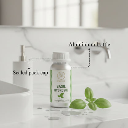 Basil Hydrosol in aluminium bottle with sealed cap – pure natural basil floral water for face mist and skincare use