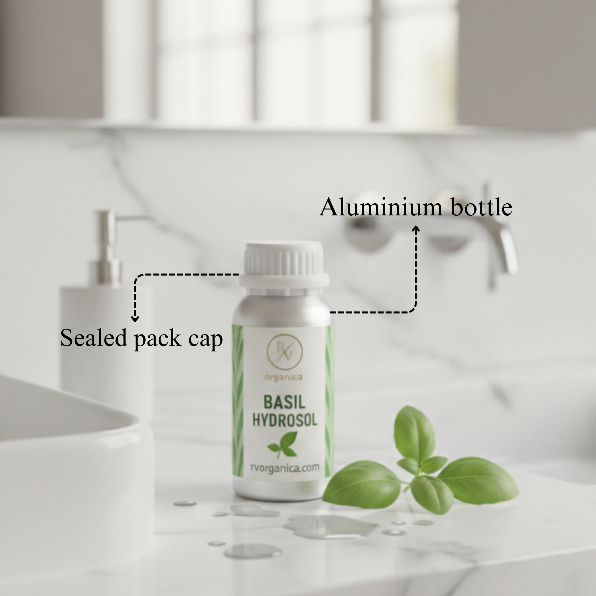 Basil Hydrosol in aluminium bottle with sealed cap – pure natural basil floral water for face mist and skincare use