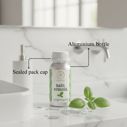 Basil Hydrosol in aluminium bottle with sealed cap – pure natural basil floral water for face mist and skincare use