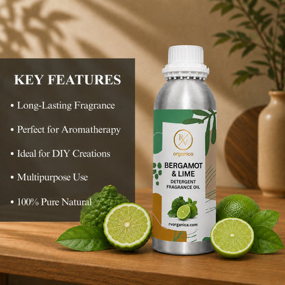 Key features of Bergamot & Lime Detergent Fragrance Oil include a fresh citrus laundry aroma, long-lasting fragrance, ideal for detergents and fabric conditioners, enhanced freshness, IFRA compliant, premium quality, and multipurpose use.