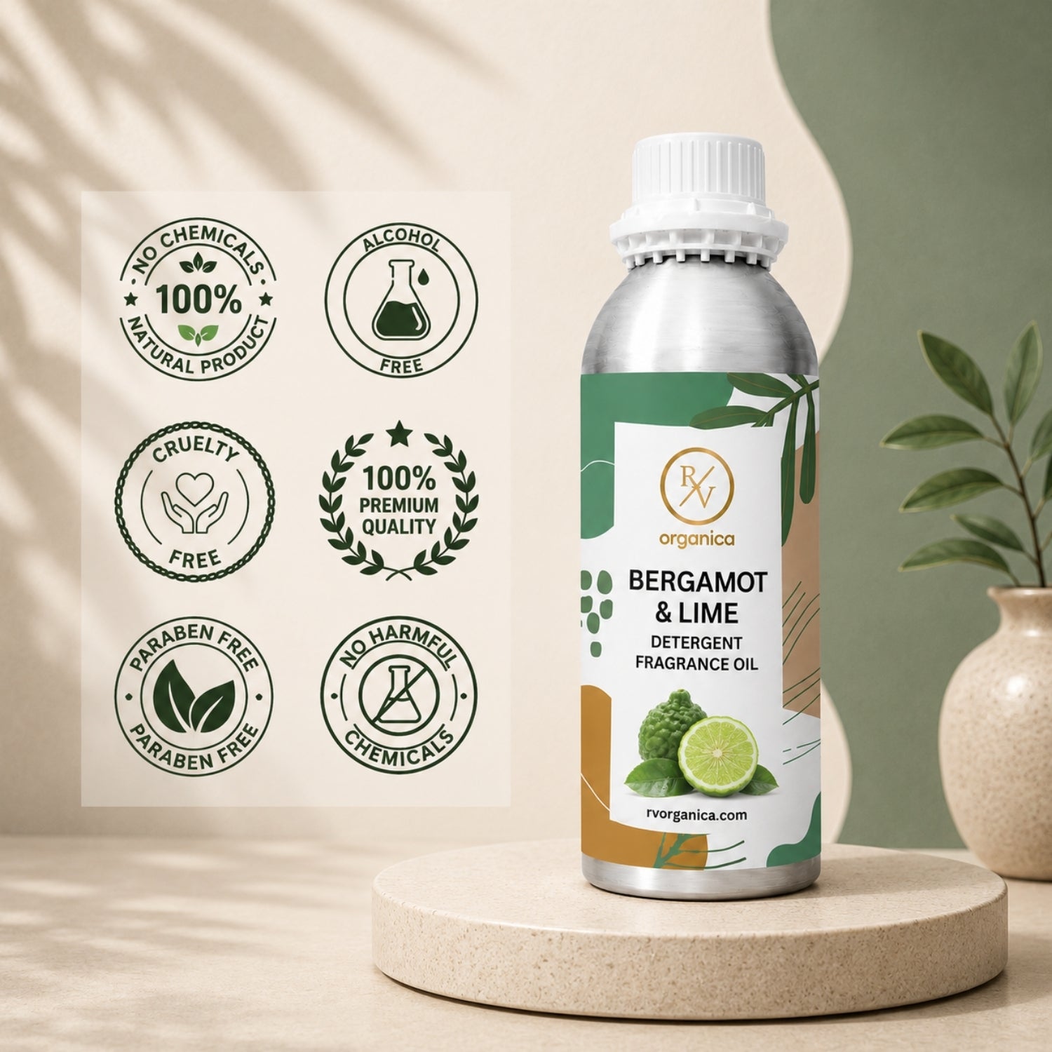 Bergamot & Lime Detergent Fragrance Oil in a premium aluminium bottle with quality icons highlighting long-lasting fragrance, premium quality, IFRA compliant, cruelty-free, Made in India, and multipurpose fragrance applications.