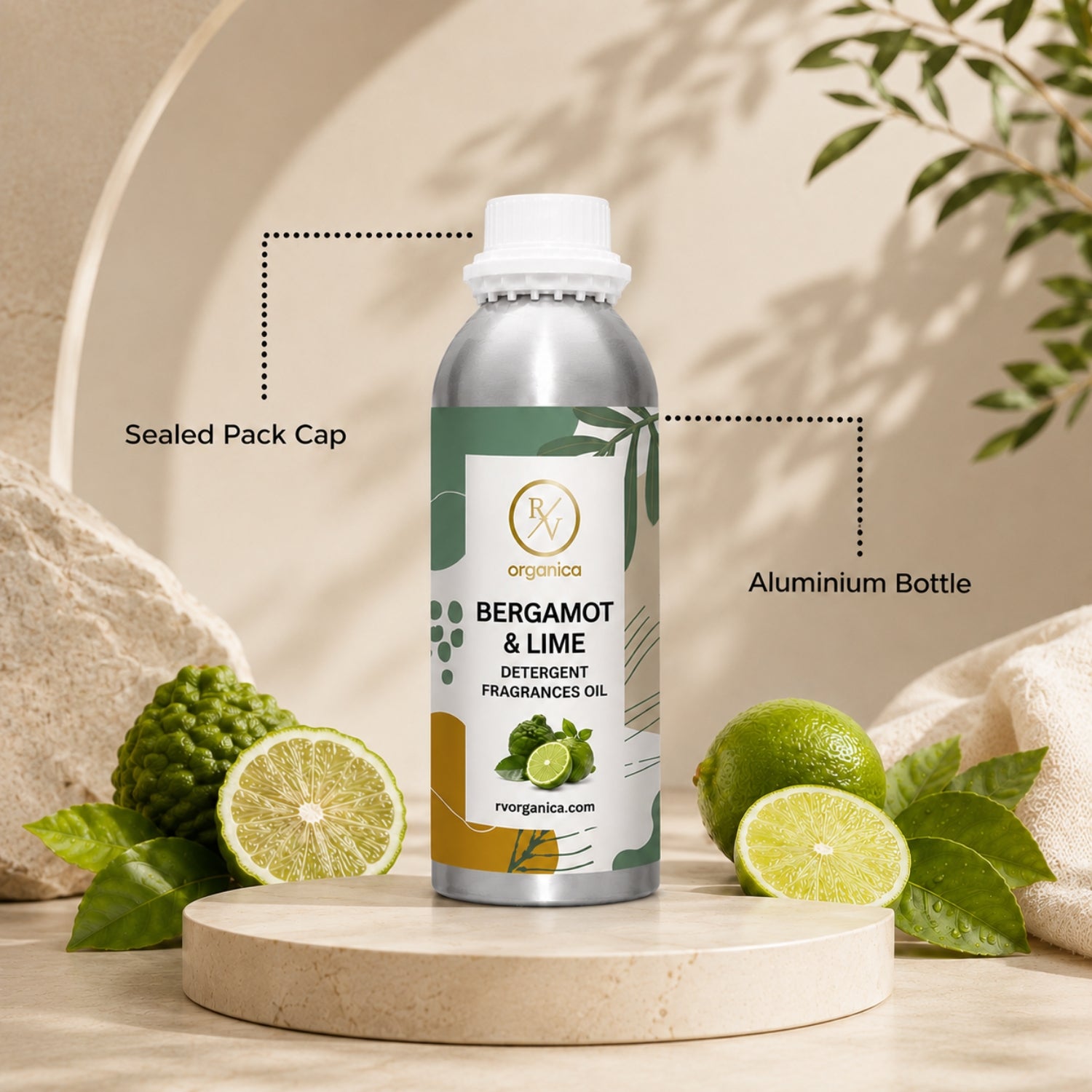 Sealed aluminium bottle of Bergamot & Lime Detergent Fragrance Oil, ensuring purity, freshness, leak-proof packaging, and premium fragrance quality for bulk and personal use.