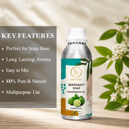 Key features of Bergamot Soap Fragrance Oil include fresh citrus aroma, uplifting floral fragrance, long-lasting scent, ideal for soaps and personal care products, premium quality, IFRA compliant, and multipurpose use.