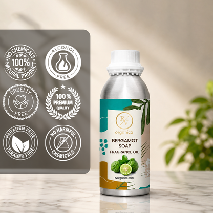 Bergamot Soap Fragrance Oil in a premium aluminium bottle with quality icons highlighting long-lasting fragrance, premium quality, IFRA compliant, cruelty-free, Made in India, and multipurpose use.