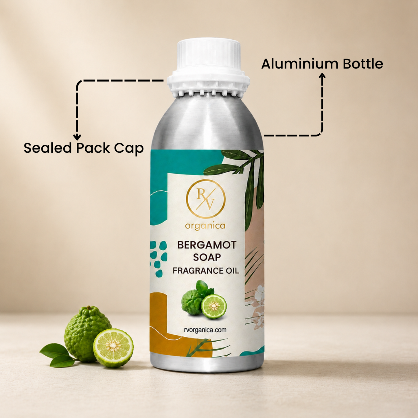 Sealed aluminium bottle of Bergamot Soap Fragrance Oil with secure packaging, helping maintain freshness and premium fragrance quality.