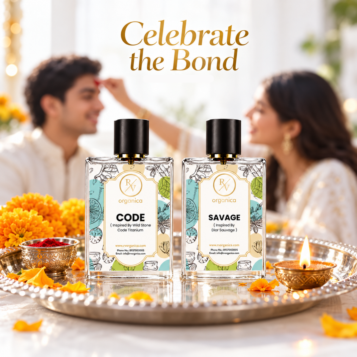 Brother and sister celebrating Bhai Dooj with Code and Savage perfume gift set