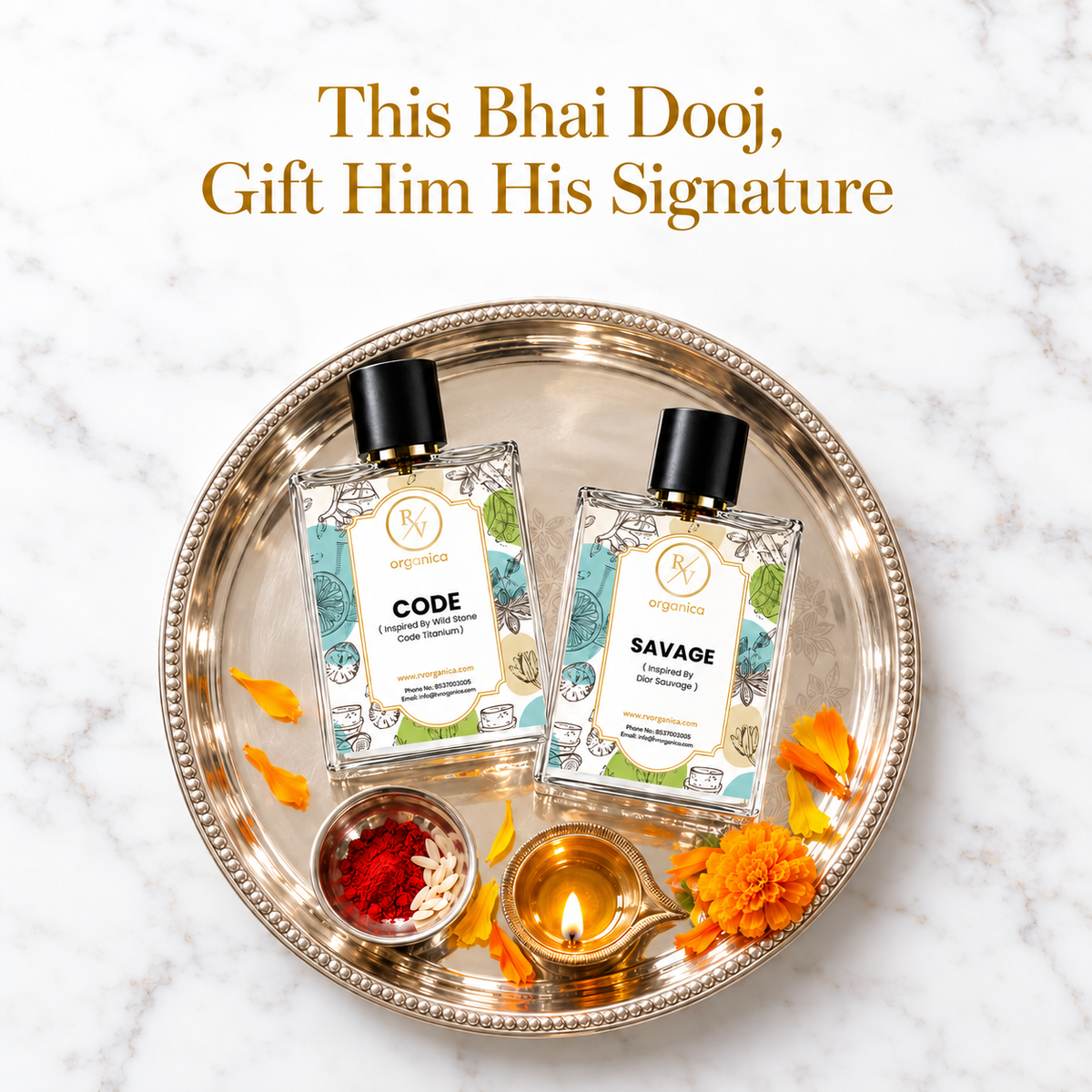 Code and Savage perfumes on a Bhai Dooj thali with roli, rice and diya