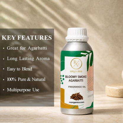 Key features of Bloomy Smoke Agarbatti Fragrance Oil include a rich smoky floral incense aroma, long-lasting fragrance, strong scent diffusion, IFRA compliant, premium quality, and multipurpose use for agarbatti, candles, soaps, perfumes, and home fragrance products.